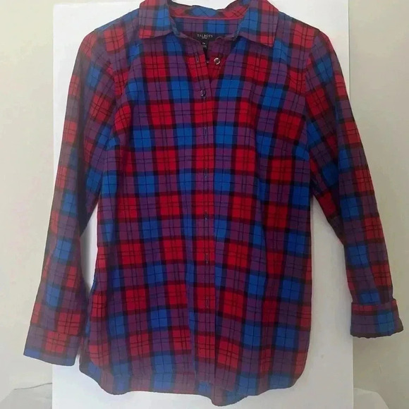 Women’s Talbots plaid button down in red, blue, purple, and black. Size Small P - Picture 1 of 11